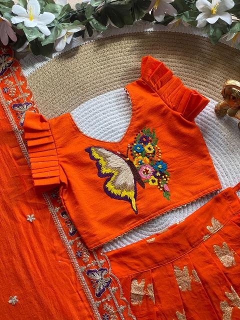 Butterfly Buff Lehengha-Choli Dupatta Vichitra Silk Orange Kids clothing wholesale market - wholesale export